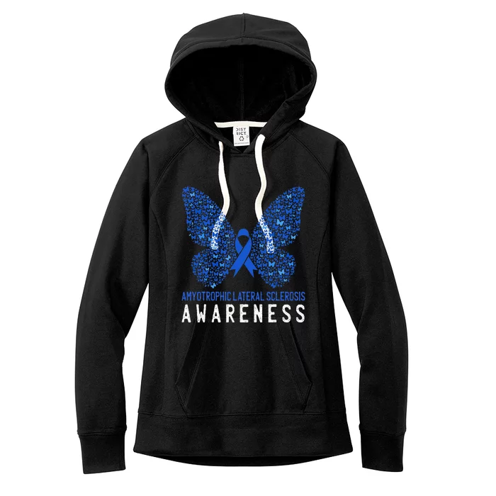 Butterfly ALS Awareness Month Blue Ribbon Support Squad Women's Fleece Hoodie