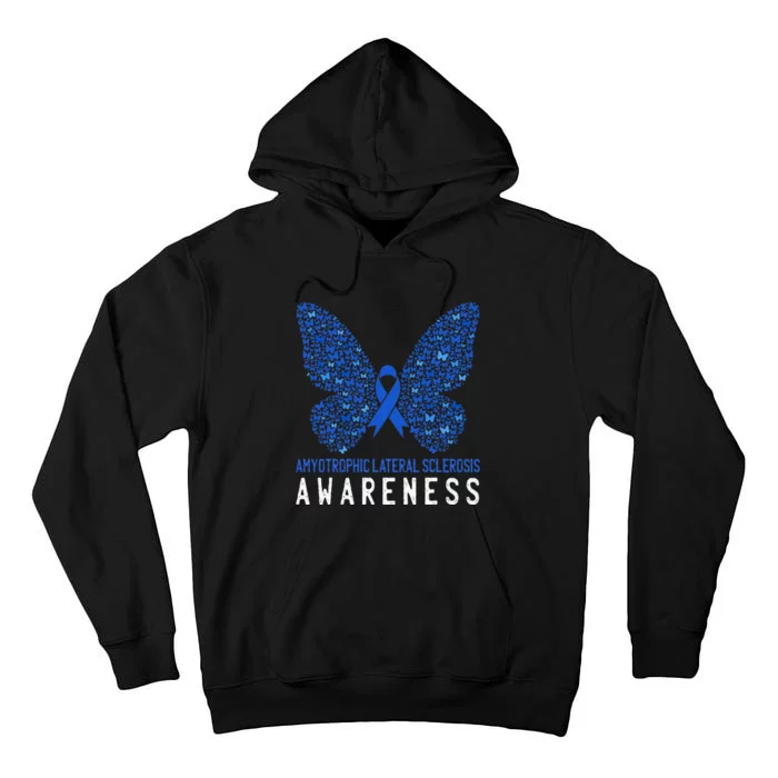 Butterfly ALS Awareness Month Blue Ribbon Support Squad Tall Hoodie