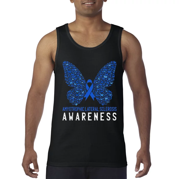 Butterfly ALS Awareness Month Blue Ribbon Support Squad Tank Top