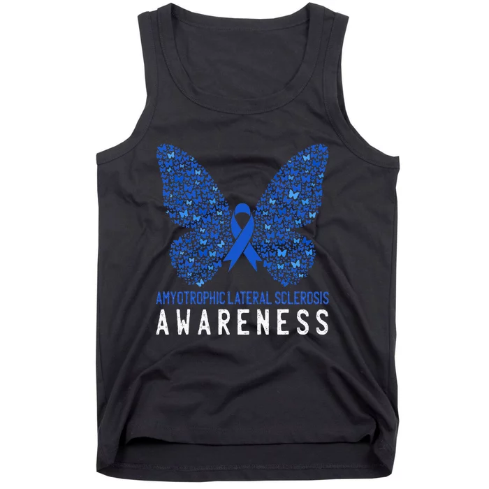 Butterfly ALS Awareness Month Blue Ribbon Support Squad Tank Top