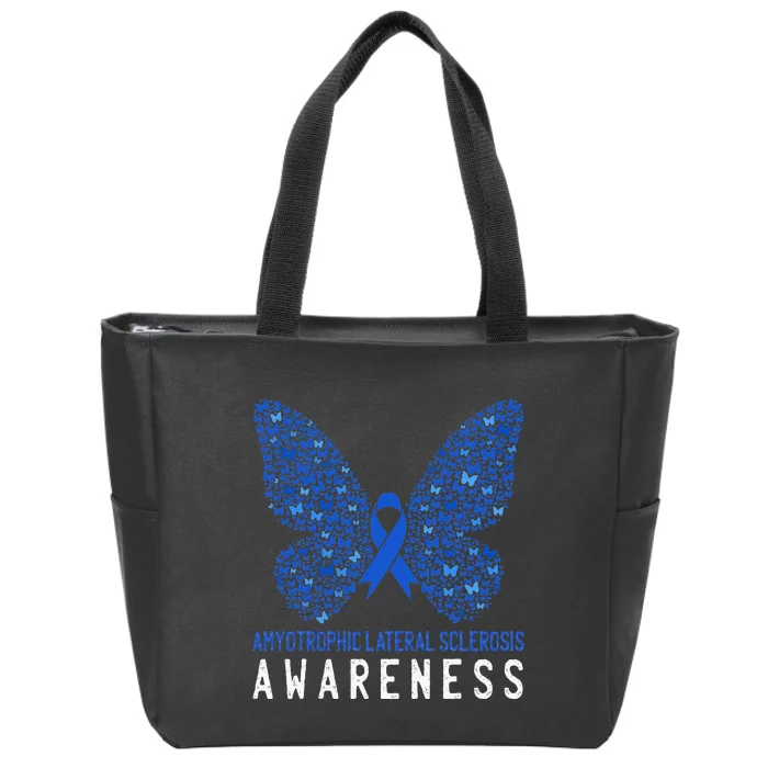 Butterfly ALS Awareness Month Blue Ribbon Support Squad Zip Tote Bag