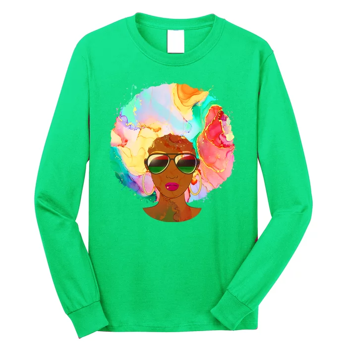 Beautiful African American Black Woman With Paint Swirl Afro Long Sleeve Shirt