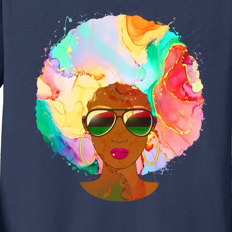 Beautiful African American Black Woman With Paint Swirl Afro Kids Long Sleeve Shirt