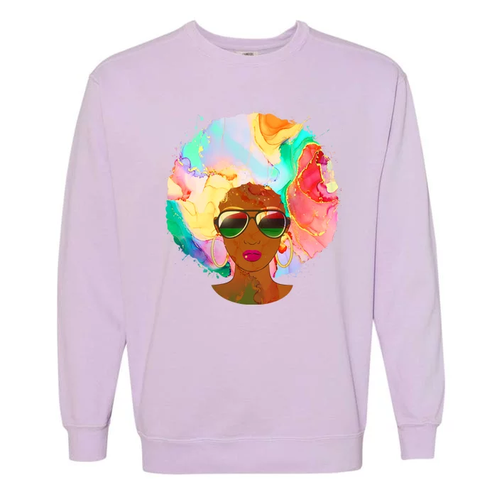 Beautiful African American Black Woman With Paint Swirl Afro Garment-Dyed Sweatshirt