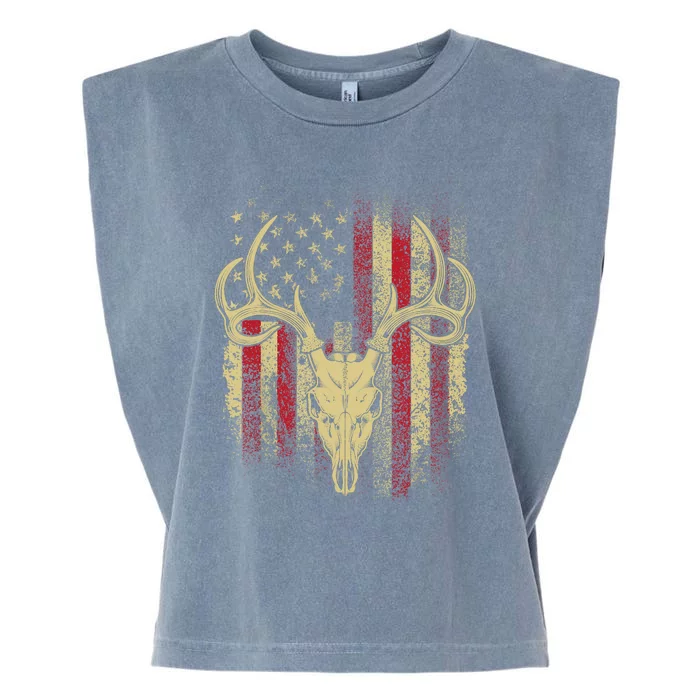 Bucks Antlers and Skull on an American Flag Deer Hunters Garment-Dyed Women's Muscle Tee