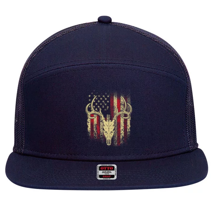 Bucks Antlers and Skull on an American Flag Deer Hunters 7 Panel Mesh Trucker Snapback Hat