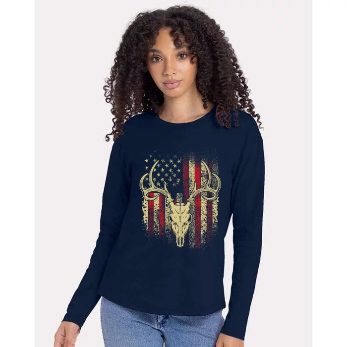 Bucks Antlers and Skull on an American Flag Deer Hunters Womens Cotton Relaxed Long Sleeve T-Shirt