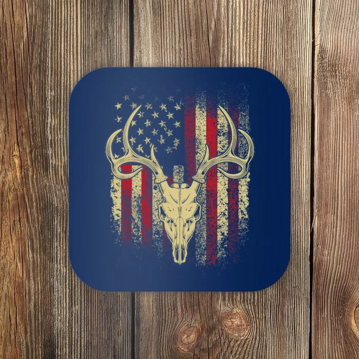 Bucks Antlers and Skull on an American Flag Deer Hunters Coaster