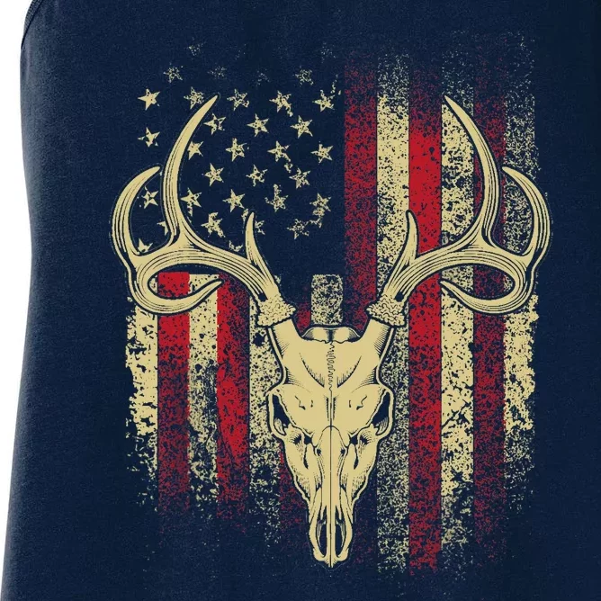 Bucks Antlers and Skull on an American Flag Deer Hunters Women's Racerback Tank