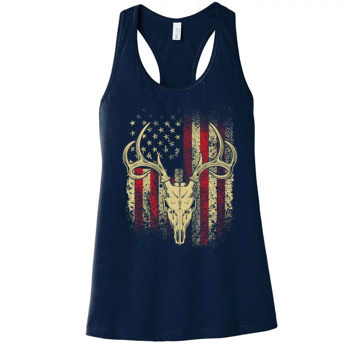 Bucks Antlers and Skull on an American Flag Deer Hunters Women's Racerback Tank