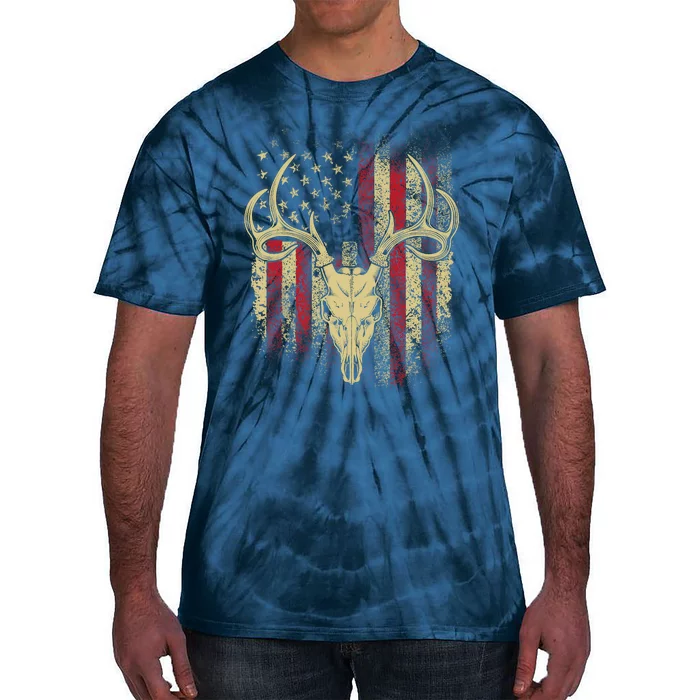 Bucks Antlers and Skull on an American Flag Deer Hunters Tie-Dye T-Shirt