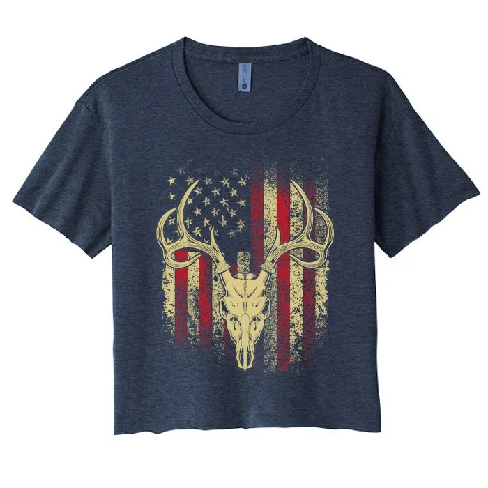 Bucks Antlers and Skull on an American Flag Deer Hunters Women's Crop Top Tee