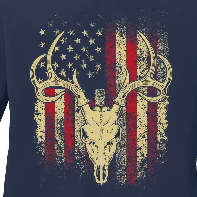 Bucks Antlers and Skull on an American Flag Deer Hunters Ladies Long Sleeve Shirt