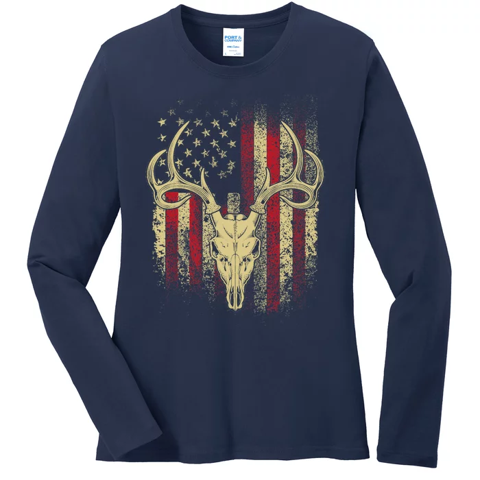 Bucks Antlers and Skull on an American Flag Deer Hunters Ladies Long Sleeve Shirt