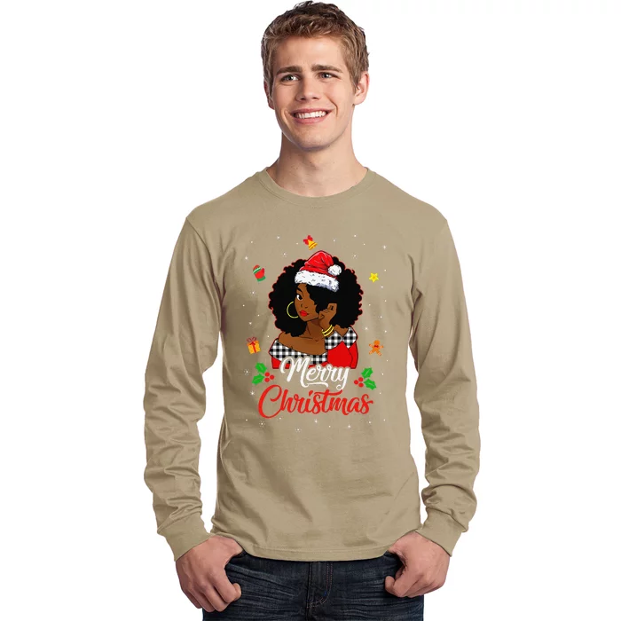 Black African American Melanin Christmas Santa Hat Xmas Cute Long Sleeve Shirt