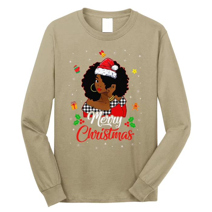 Black African American Melanin Christmas Santa Hat Xmas Cute Long Sleeve Shirt