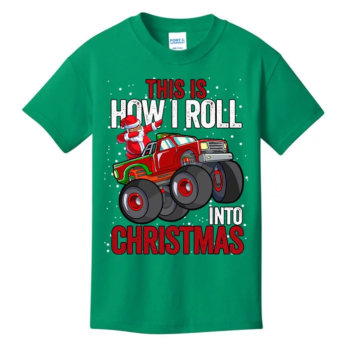 Black African American Santa Claus Monster Truck Christmas Kids T-Shirt