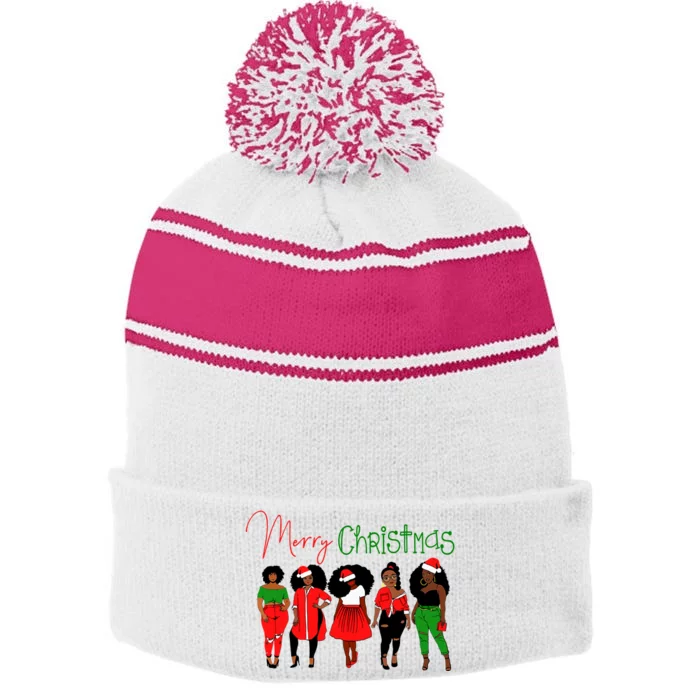 Black African American Santa Christmas Melanin Wo Stripe Pom Pom Beanie