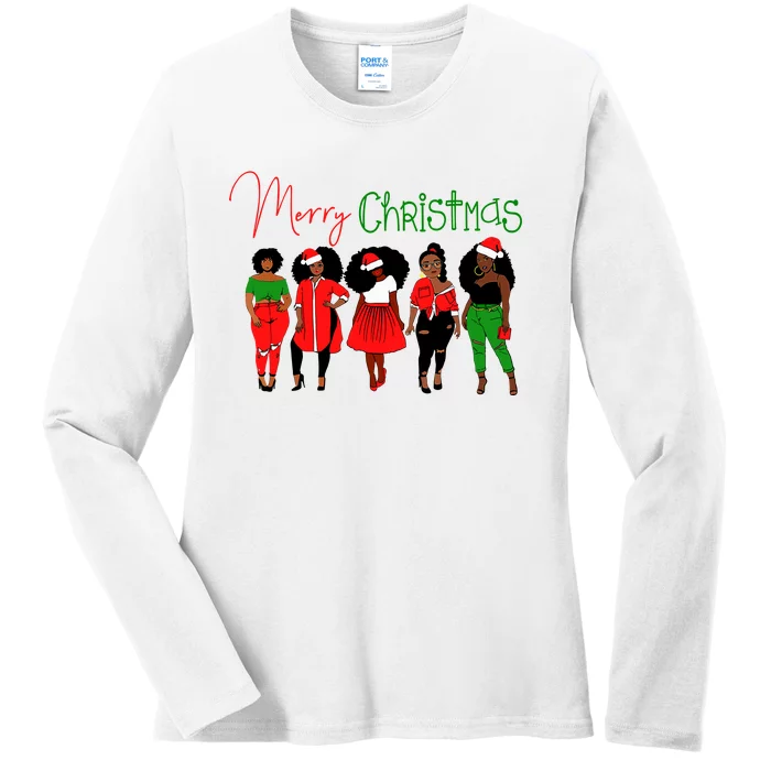 Black African American Santa Christmas Melanin Wo Ladies Long Sleeve Shirt