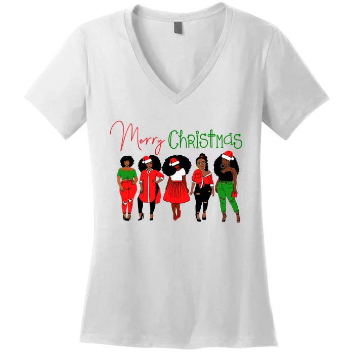 Black African American Santa Christmas Melanin Wo Women's V-Neck T-Shirt