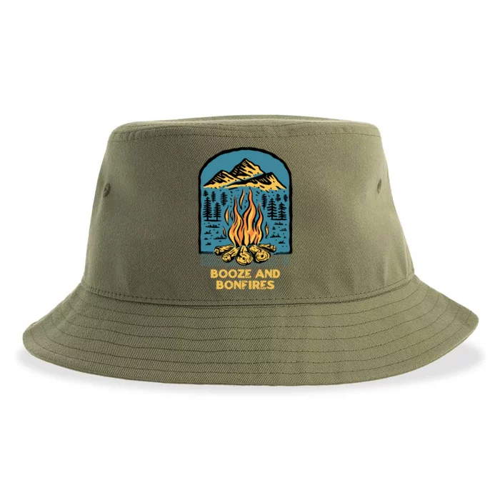 Booze And Bonfires Camping Beer Lover Camper Er Hiking Gift Sustainable Bucket Hat