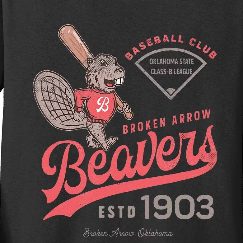 Broken Arrow Beavers Minor League Retro Baseball Team Kids Long Sleeve Shirt