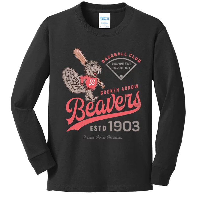 Broken Arrow Beavers Minor League Retro Baseball Team Kids Long Sleeve Shirt