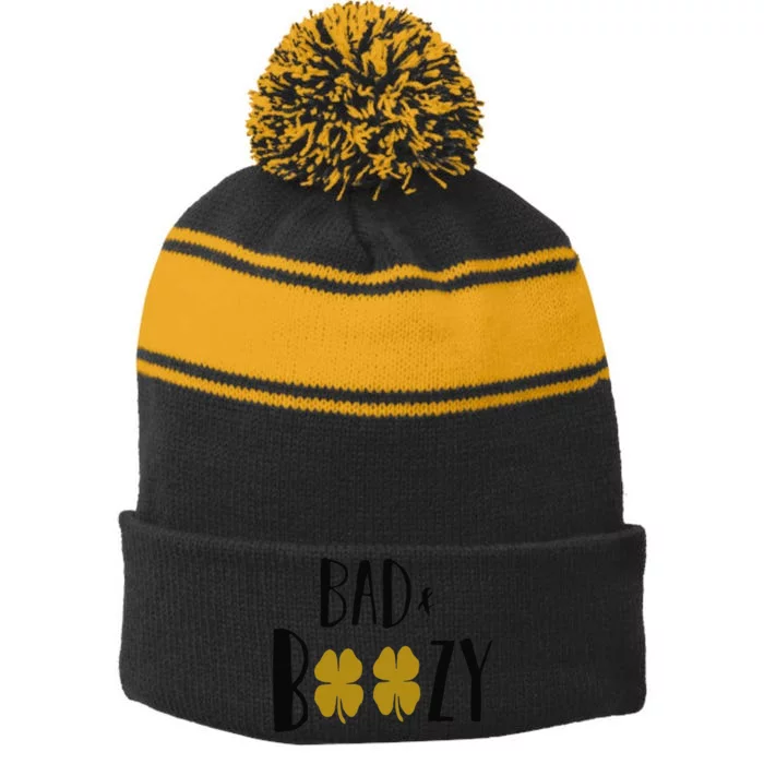 Bad And Boozy Funny Saint Patrick Shamrock Golden Retro Stripe Pom Pom Beanie