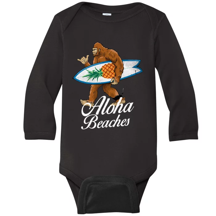 Bigfoot Aloha Beaches Hawaiian Pineapple Surf Vacation Baby Long Sleeve Bodysuit