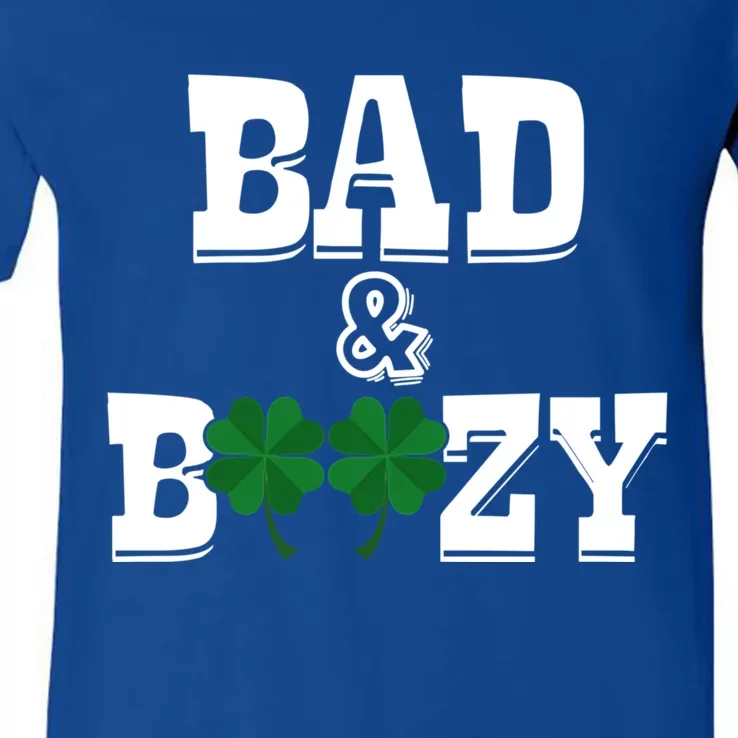 Bad And Boozy Funny Saying Shamrock St Patrick's Day Gift V-Neck T-Shirt