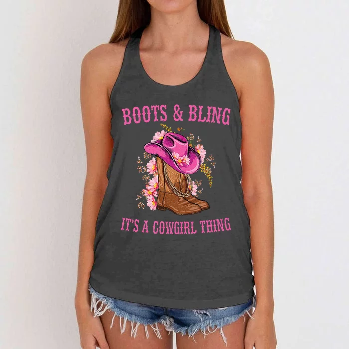 Boots And Bling Its A Cowgirl Thing Cute Love Country Life Women's Knotted Racerback Tank