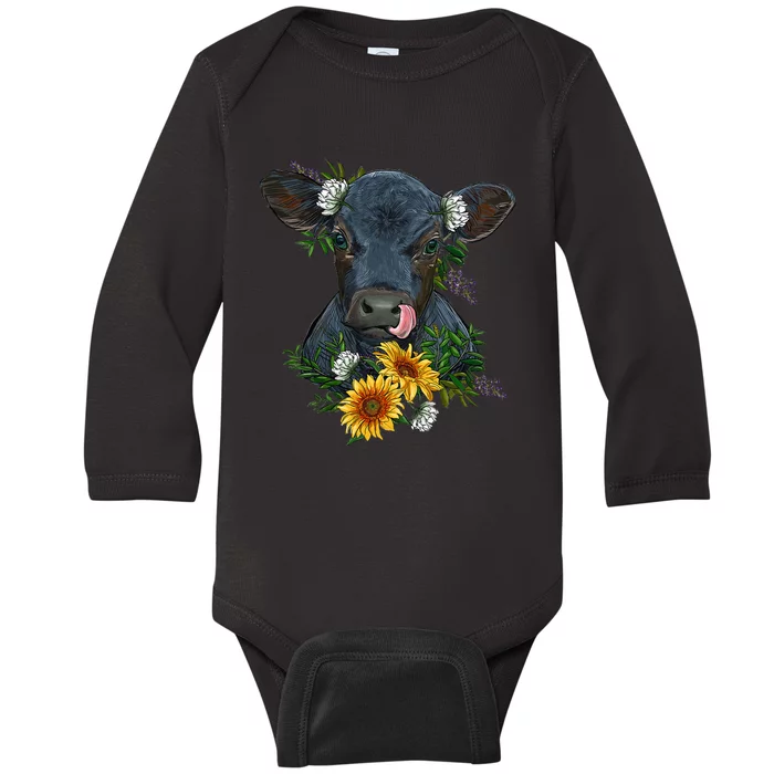 Black Angus Calf Cow Farm Animals Farmer Cow Farming Baby Long Sleeve Bodysuit