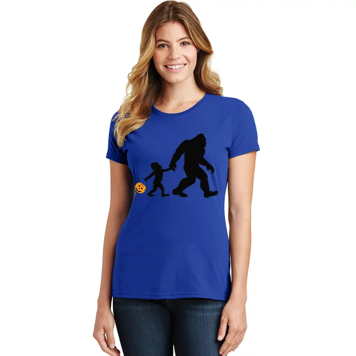 Bigfoot And Child Trick Or Treat Halloween Pumpkin Women's T-Shirt