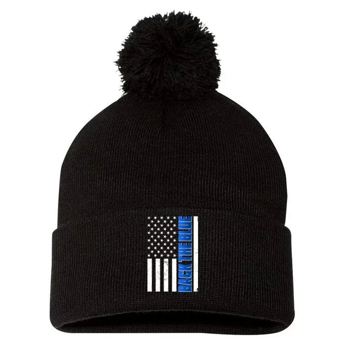 Back The Blue Thin Blue Line US Flag Pom Pom 12in Knit Beanie