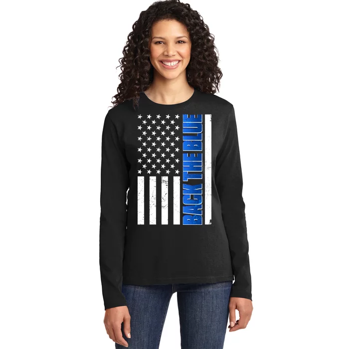 Back The Blue Thin Blue Line US Flag Ladies Long Sleeve Shirt