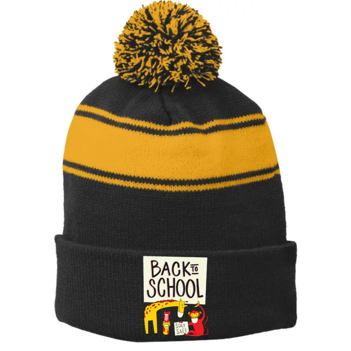 Back To School Stay Safe Animal Stripe Pom Pom Beanie