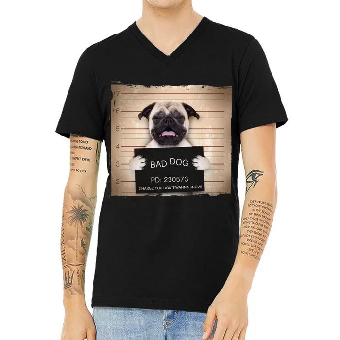 Bad Dog Funny Pug Prison Mug Shot V-Neck T-Shirt