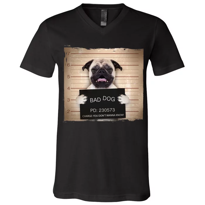 Bad Dog Funny Pug Prison Mug Shot V-Neck T-Shirt