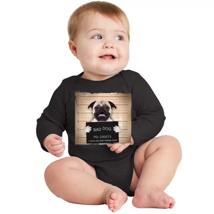 Bad Dog Funny Pug Prison Mug Shot Baby Long Sleeve Bodysuit