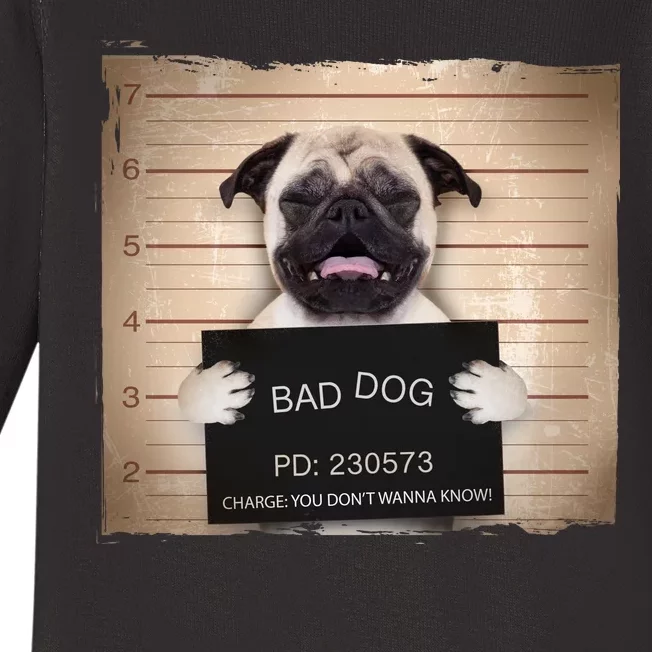 Bad Dog Funny Pug Prison Mug Shot Baby Long Sleeve Bodysuit