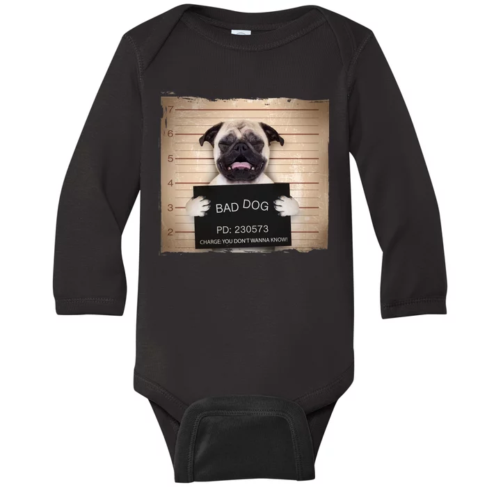 Bad Dog Funny Pug Prison Mug Shot Baby Long Sleeve Bodysuit