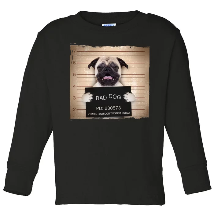 Bad Dog Funny Pug Prison Mug Shot Toddler Long Sleeve Shirt