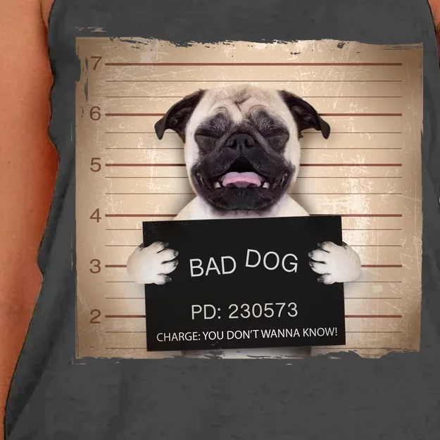 Bad Dog Funny Pug Prison Mug Shot Women's Knotted Racerback Tank