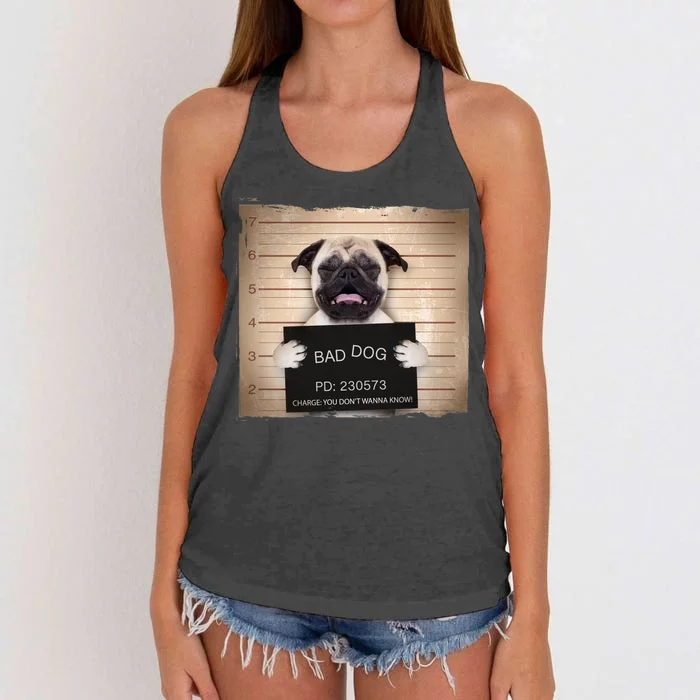 Bad Dog Funny Pug Prison Mug Shot Women's Knotted Racerback Tank