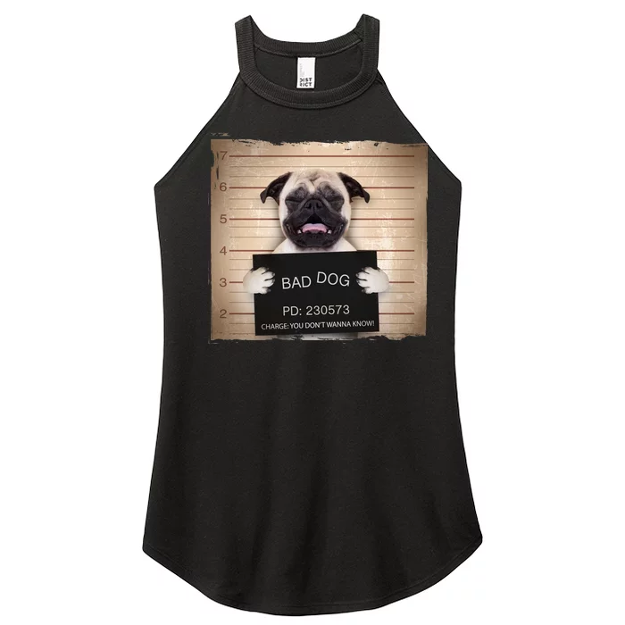 Bad Dog Funny Pug Prison Mug Shot Women’s Perfect Tri Rocker Tank