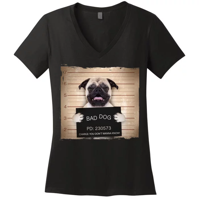 Bad Dog Funny Pug Prison Mug Shot Women's V-Neck T-Shirt