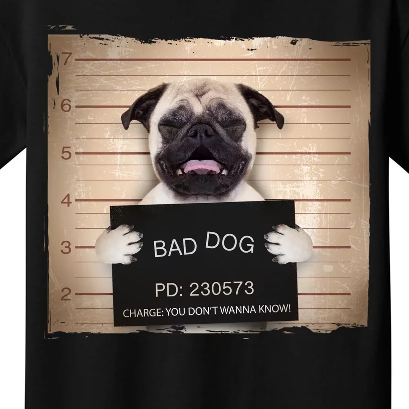 Bad Dog Funny Pug Prison Mug Shot Kids T-Shirt