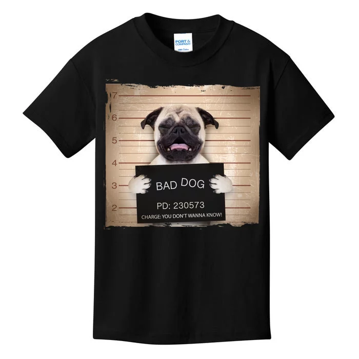 Bad Dog Funny Pug Prison Mug Shot Kids T-Shirt