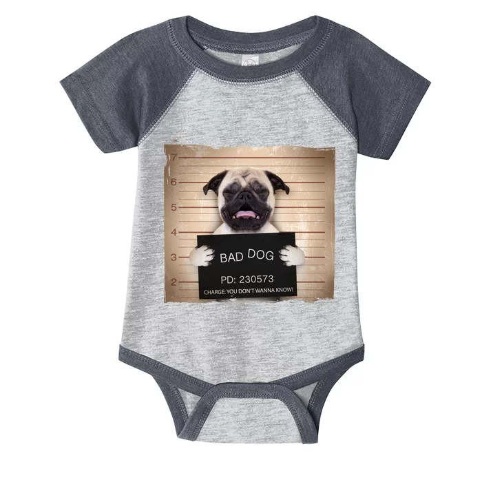 Bad Dog Funny Pug Prison Mug Shot Infant Baby Jersey Bodysuit