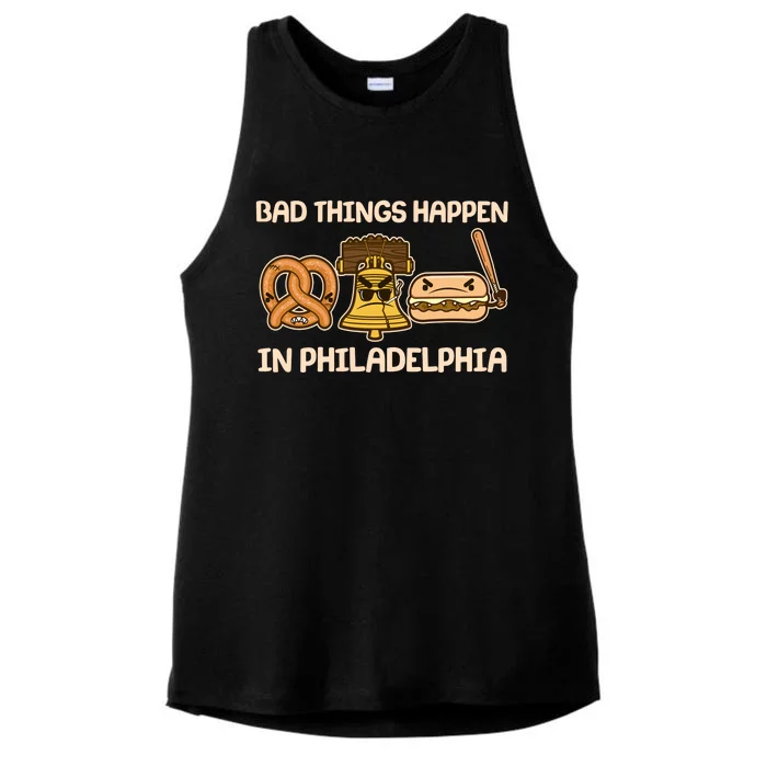 Bad Things Happen in Philadelphia Pretzel Liberty Bell Cheesesteak Ladies Tri-Blend Wicking Tank